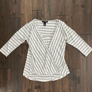 White House Black Market Gray & White Striped Faux Wrap Top XXS